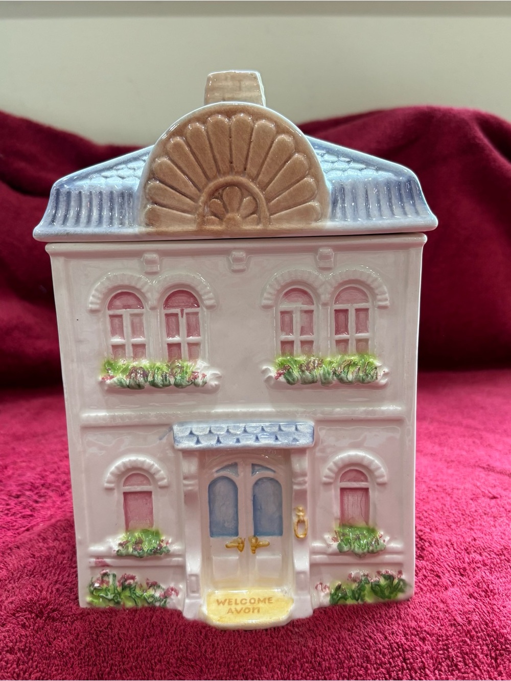 Vintage Avon Porcelain Townhouse Canister Jar - Pink, Blue, Cream Accents